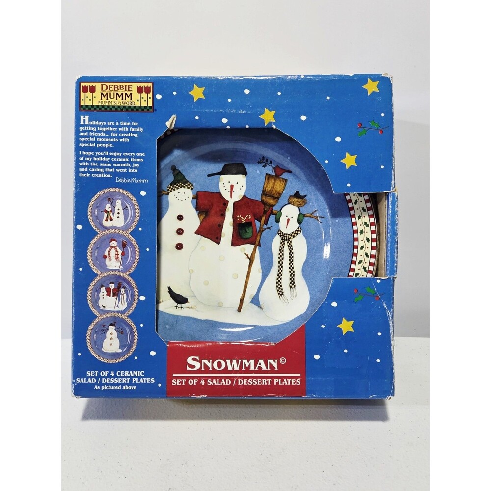 Debbie Mumm Sakura Set of 4 Snowman 8" Salad Dessert Plates Christmas Winter NEW